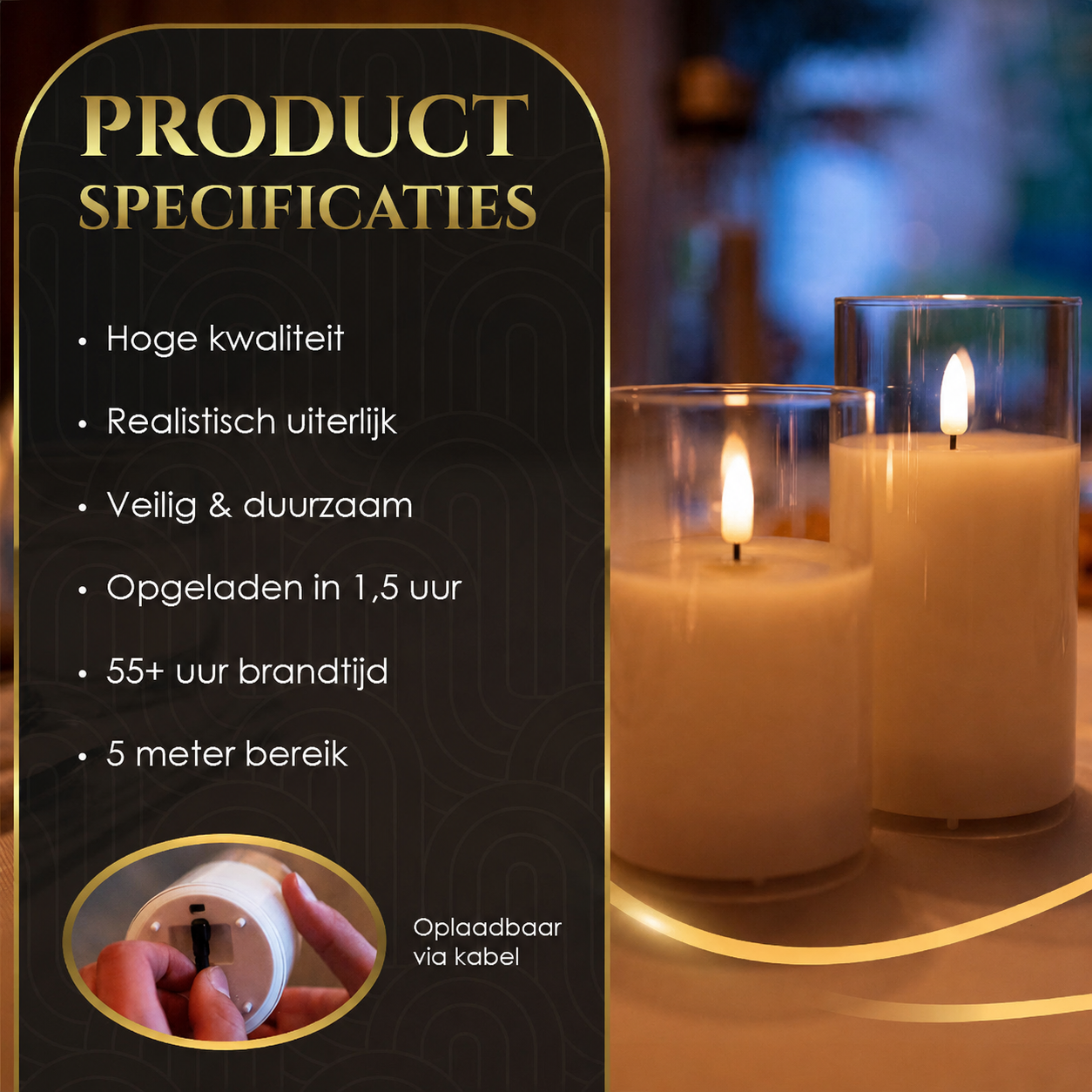 CrystalGlow™ 3 oplaadbare LED-kaarsen in glas