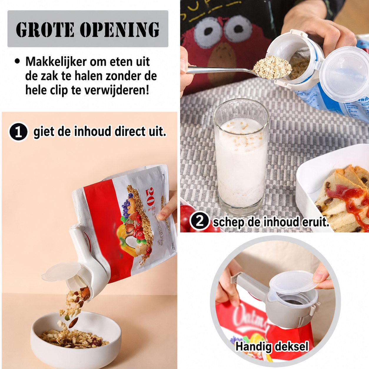 FreshPour™ | Sluit zakken af en schenk zonder knoeien