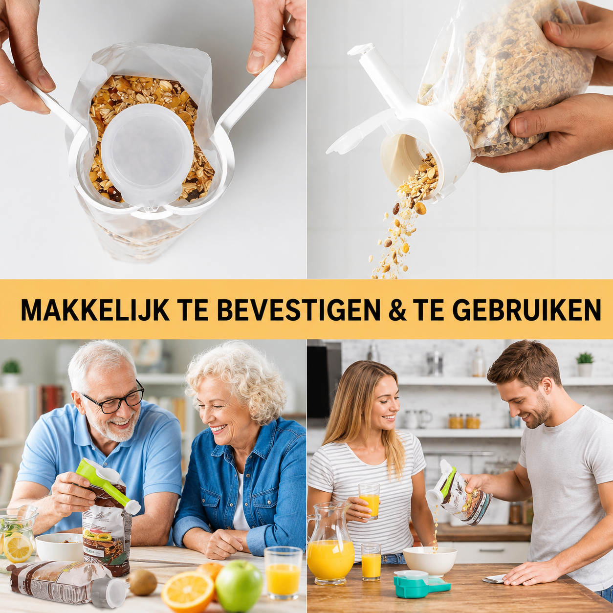 FreshPour™ | Sluit zakken af en schenk zonder knoeien