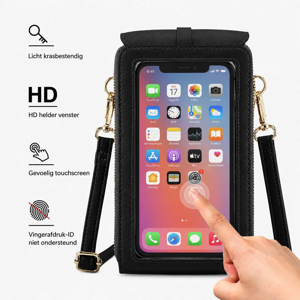 SmartSling™ | Crossbody gemak met touchscreen venster