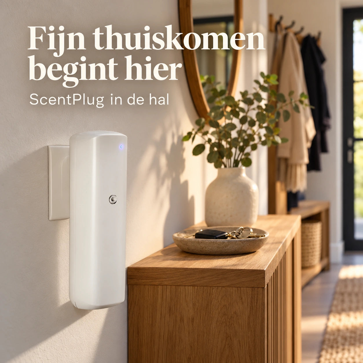 ScentPlug aangesloten op het stopcontact in de hal, volledig zichtbaar