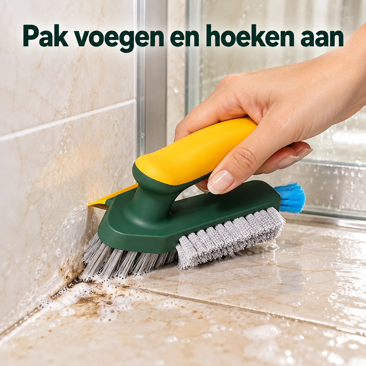 TileFlow borstel schrobt de hoek tussen wandtegels en douchevloer