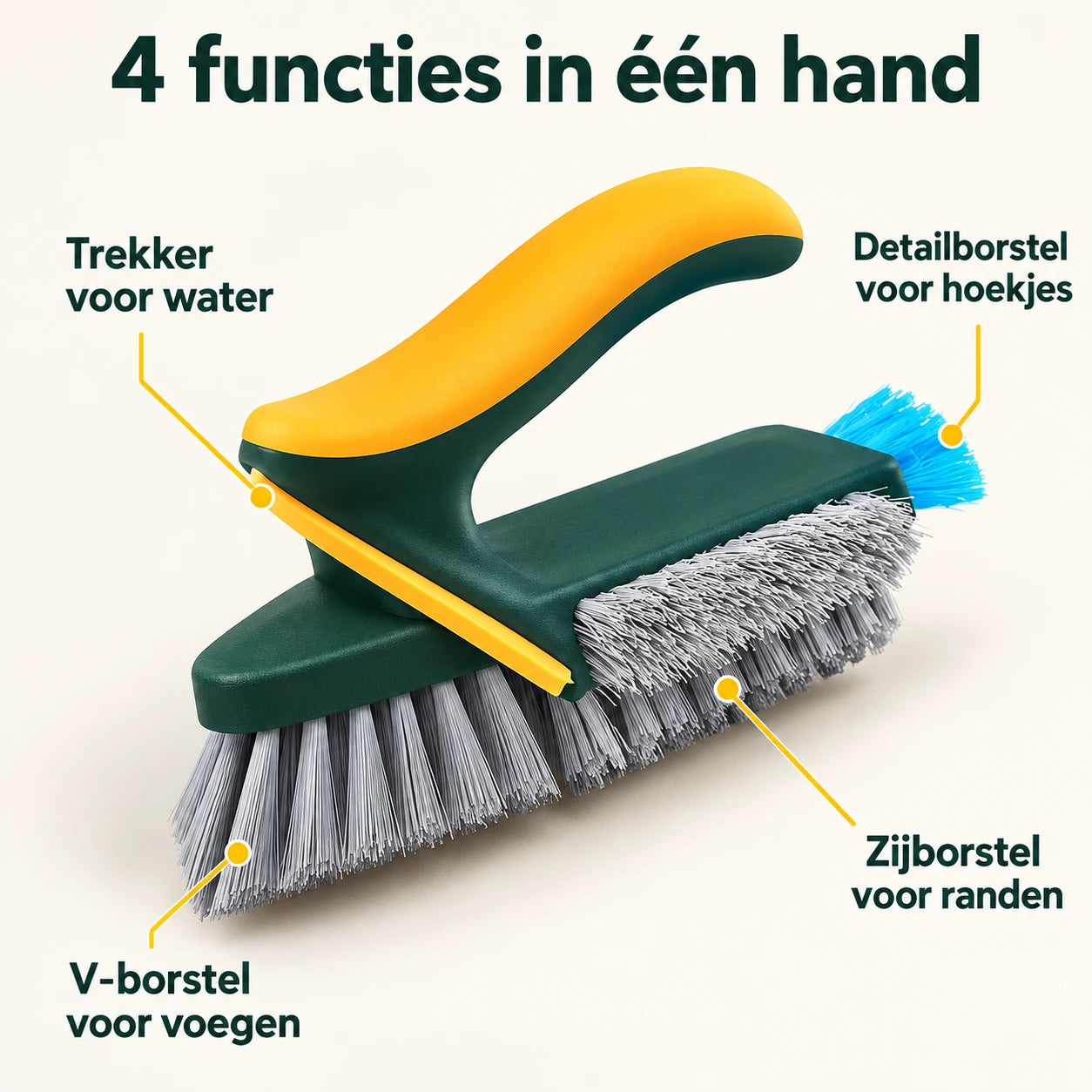 Vier reinigingsfuncties van de TileFlow borstel: V-borstel, zijborstel, detailborstel en trekker
