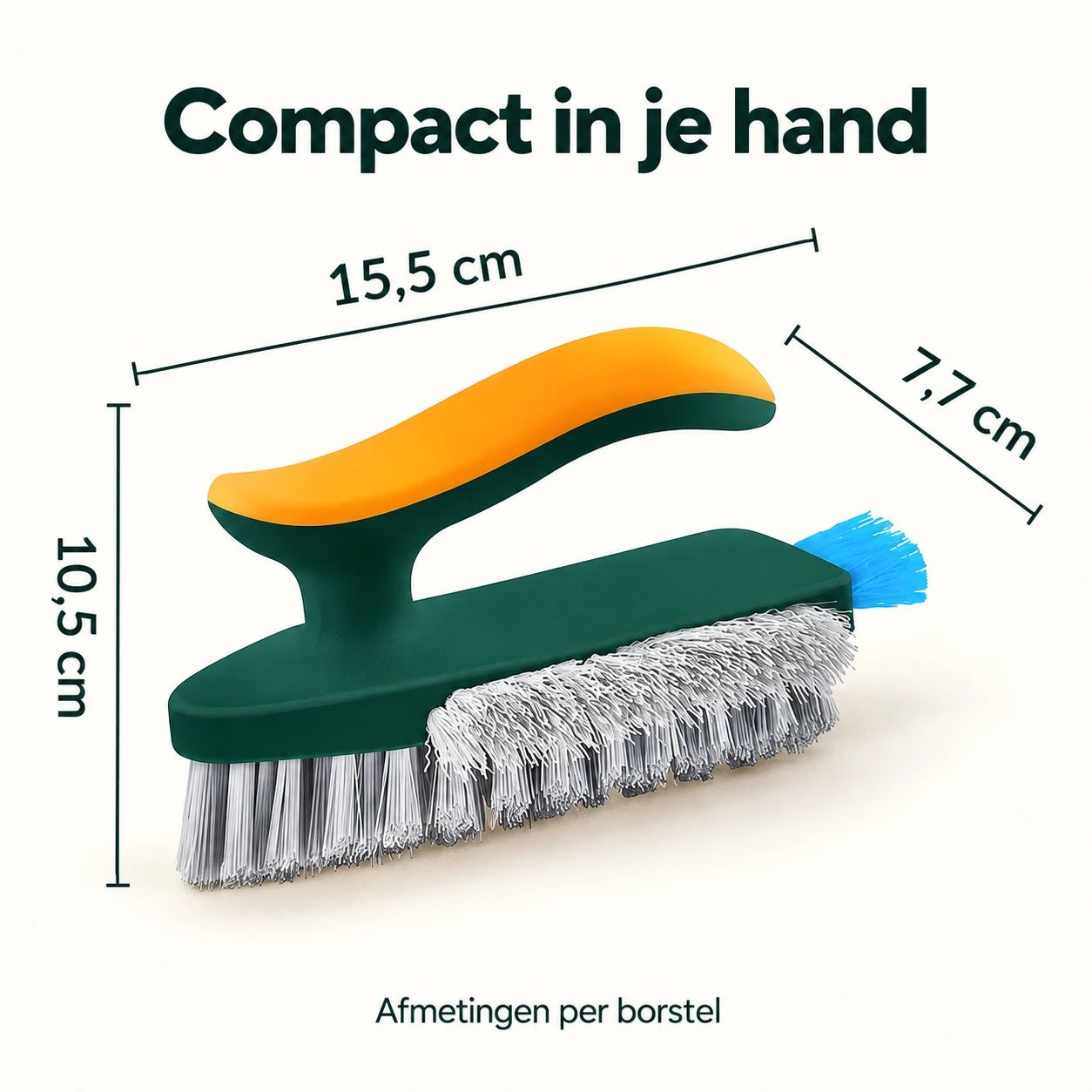 Afmetingen van de TileFlow borstel: 15,5 cm lang, 7,7 cm breed en 10,5 cm hoog