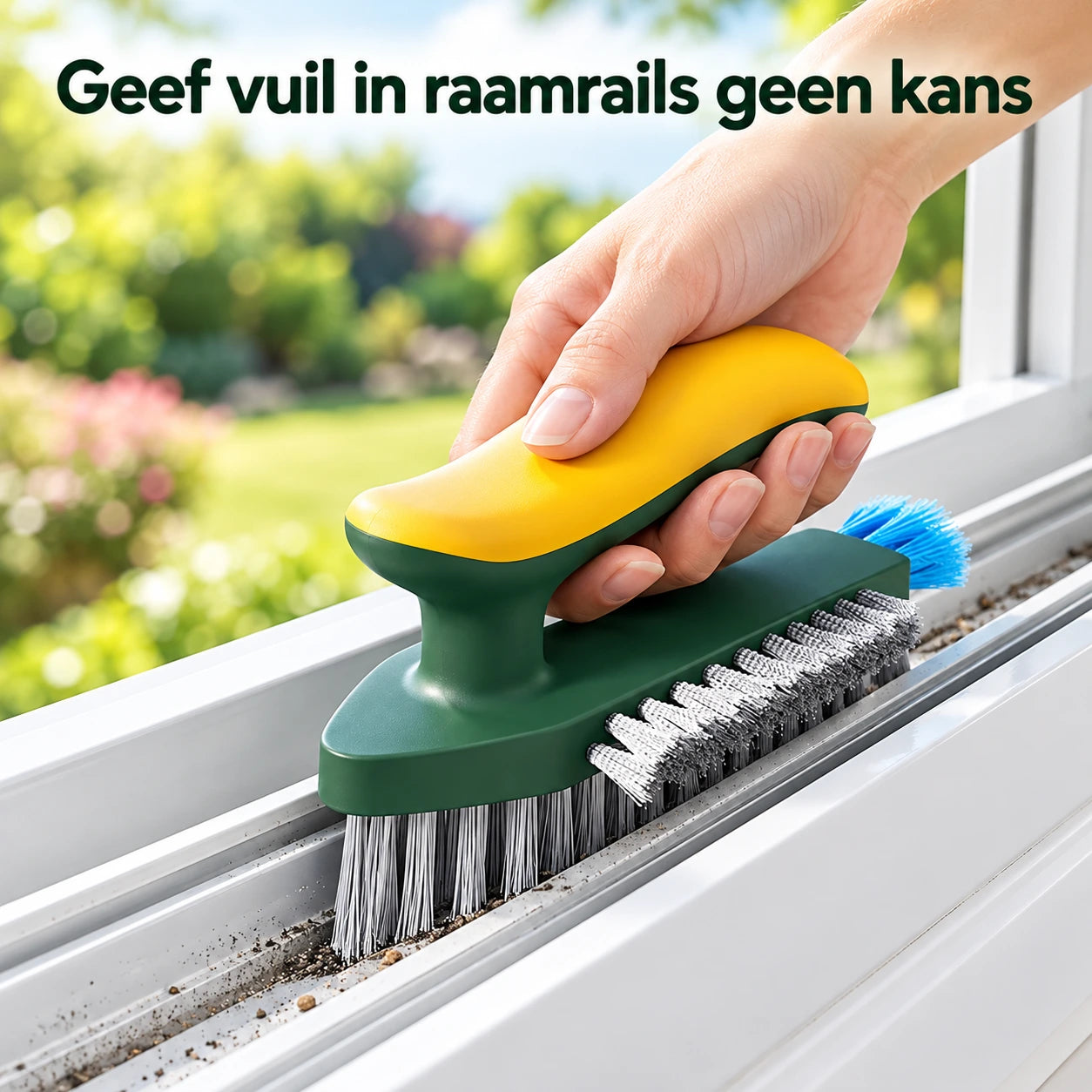 TileFlow borstel verwijdert vuil uit de rails van een raam
