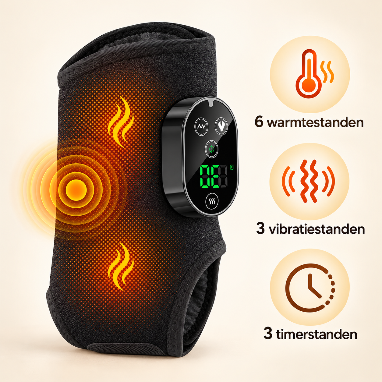 AnkleEase met zes warmtestanden, drie vibratiestanden en drie timerstanden