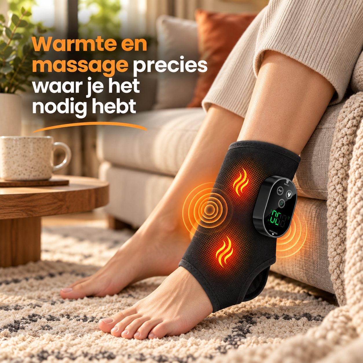 AnkleEase draadloze enkelband met warmte en vibratie in de woonkamer