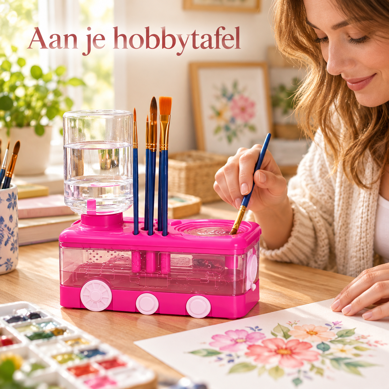 Een penseel spoelen met de roze BrushFlow tijdens schilderen aan de hobbytafel