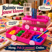 Het afneembare roze mengpalet van BrushFlow met verfkleuren en penselen binnen handbereik