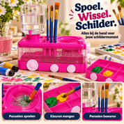 Roze rechthoekige BrushFlow met close-ups van penselen spoelen, kleuren mengen en penseelhouders