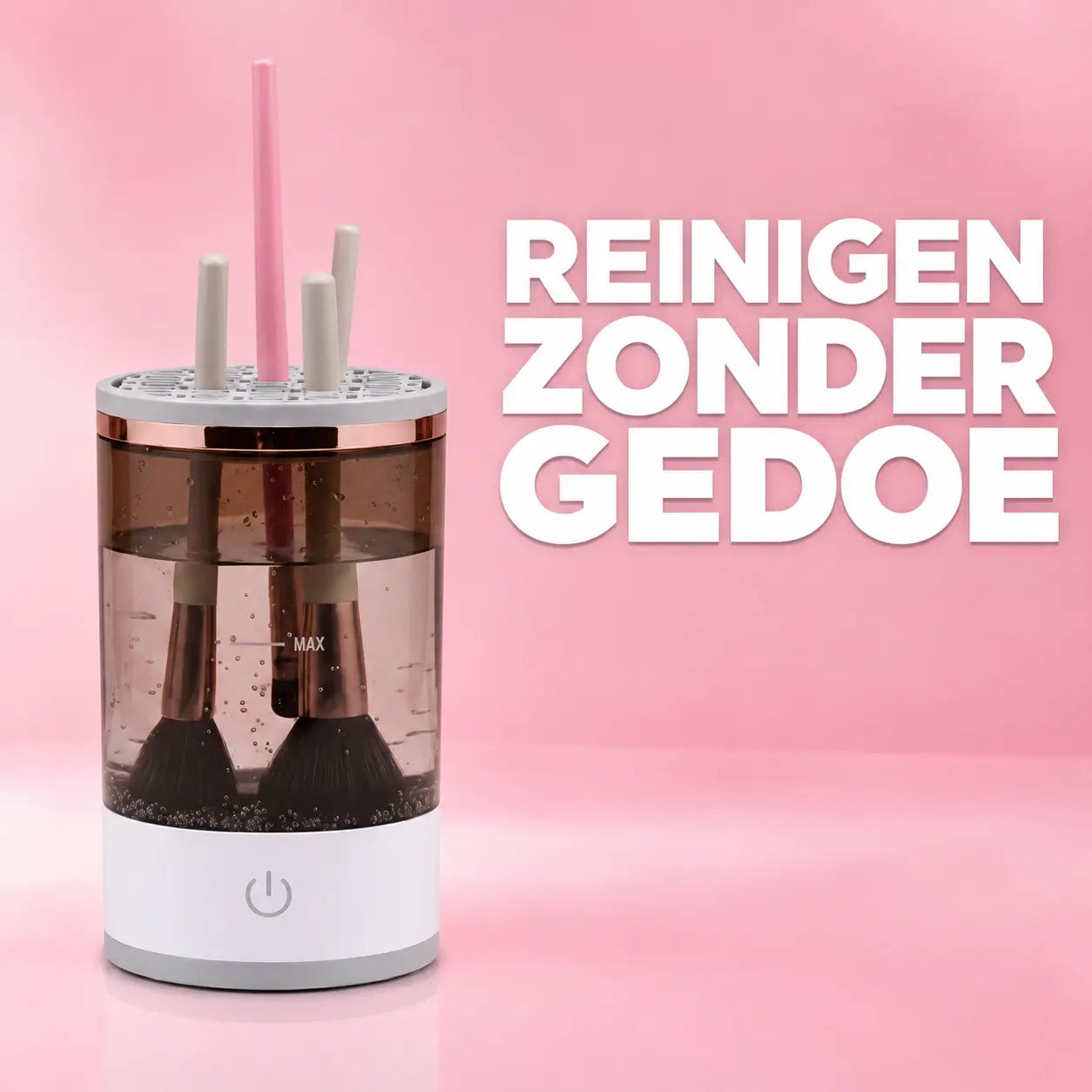 BrushViva automatische make-upkwastenreiniger met transparant reservoir op roze achtergrond