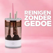 BrushViva automatische make-upkwastenreiniger met transparant reservoir op roze achtergrond