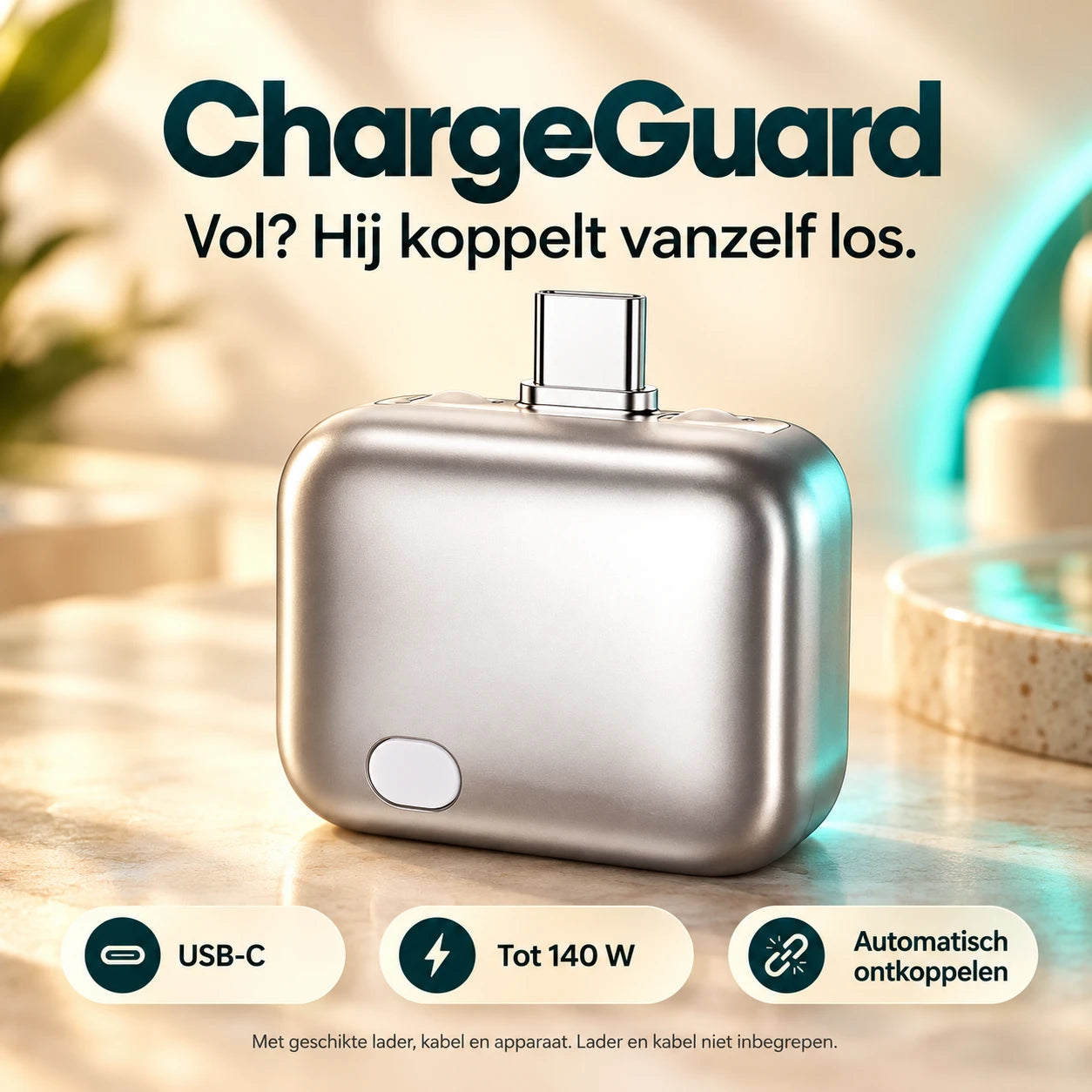 Zilverkleurige ChargeGuard USB-C-laadbeschermer met automatische ontkoppeling en ondersteuning tot 140 W