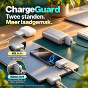 ChargeGuard met wit licht voor telefoons, tablets en laptops en blauw licht voor powerbanks en kleine apparaten