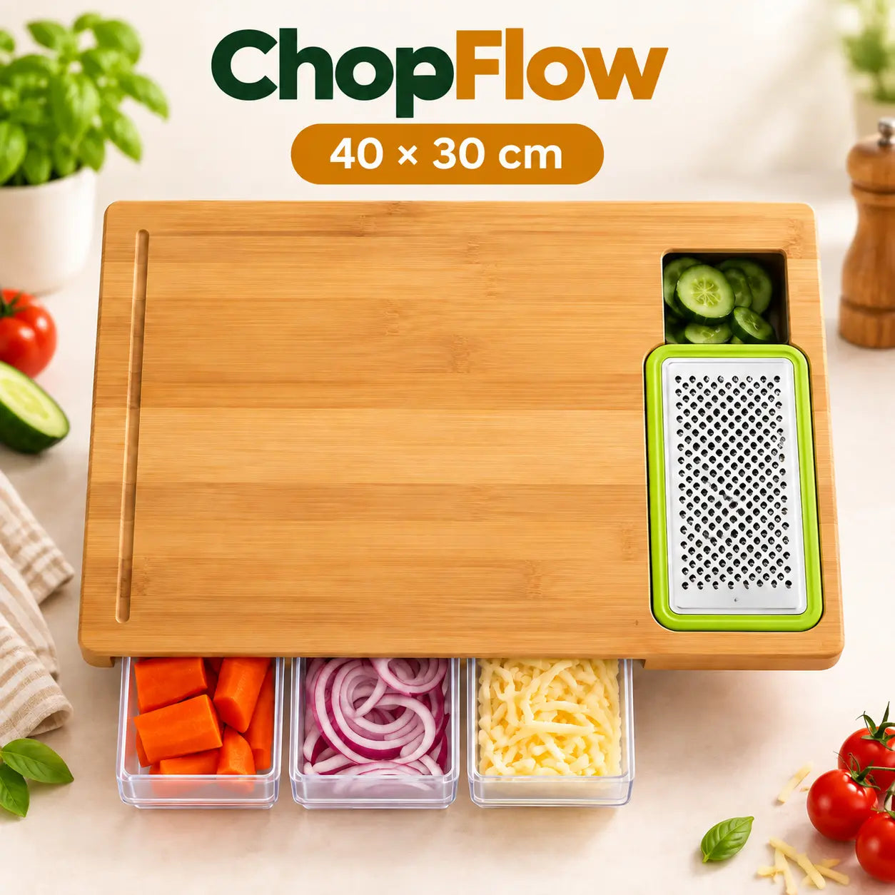 ChopFlow bamboe snijplank met afmetingen 40 × 30 cm
