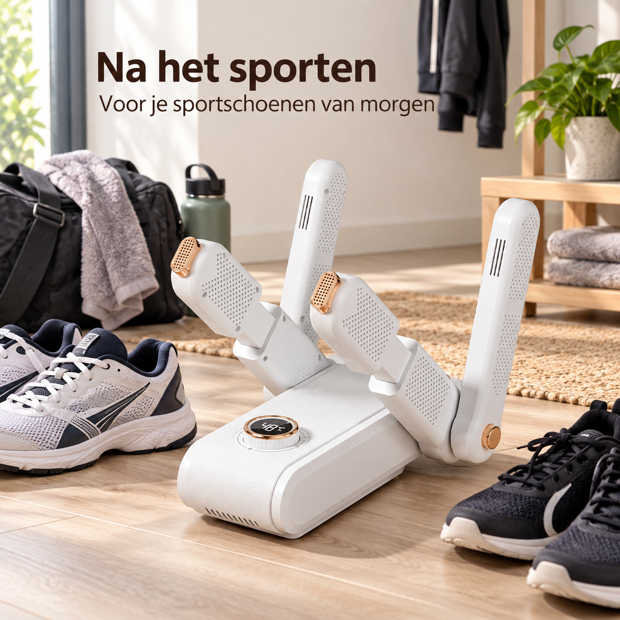 DuoDry naast sportschoenen na het sporten.