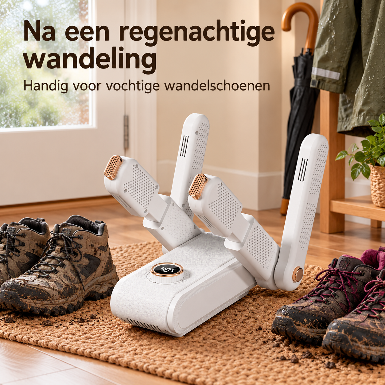 DuoDry naast wandelschoenen in de hal.