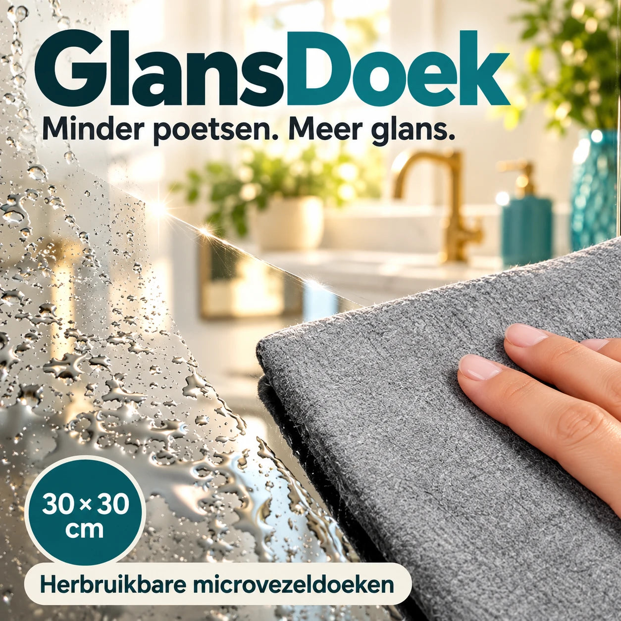 GlansDoek microvezeldoek neemt waterdruppels van glas op