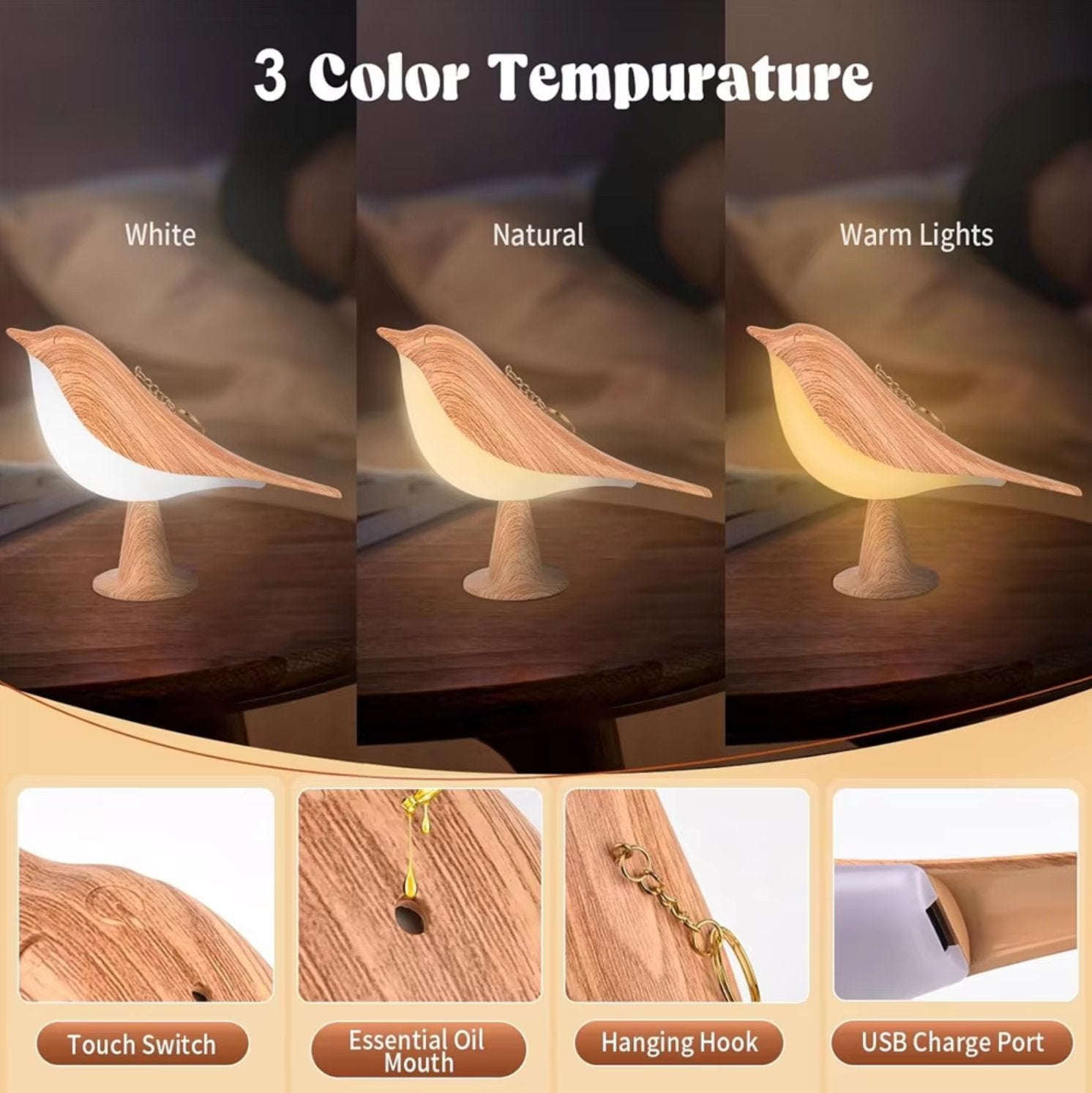 GlowBird™ | 3 Kleuren, Dimbaar Licht met Aanraakschakelaar - Perfect voor Jouw Nachtkastje! - Lumiza