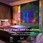 GlowCanvas lichtgordijn waarop eigen tekst, foto’s en kleurrijke patronen worden weergegeven.