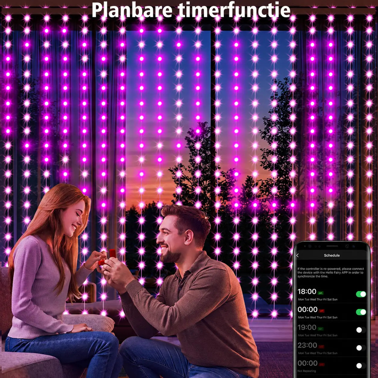 GlowCanvas RGB-lichtgordijn met planbare timerfunctie in de Hello Fairy-app.