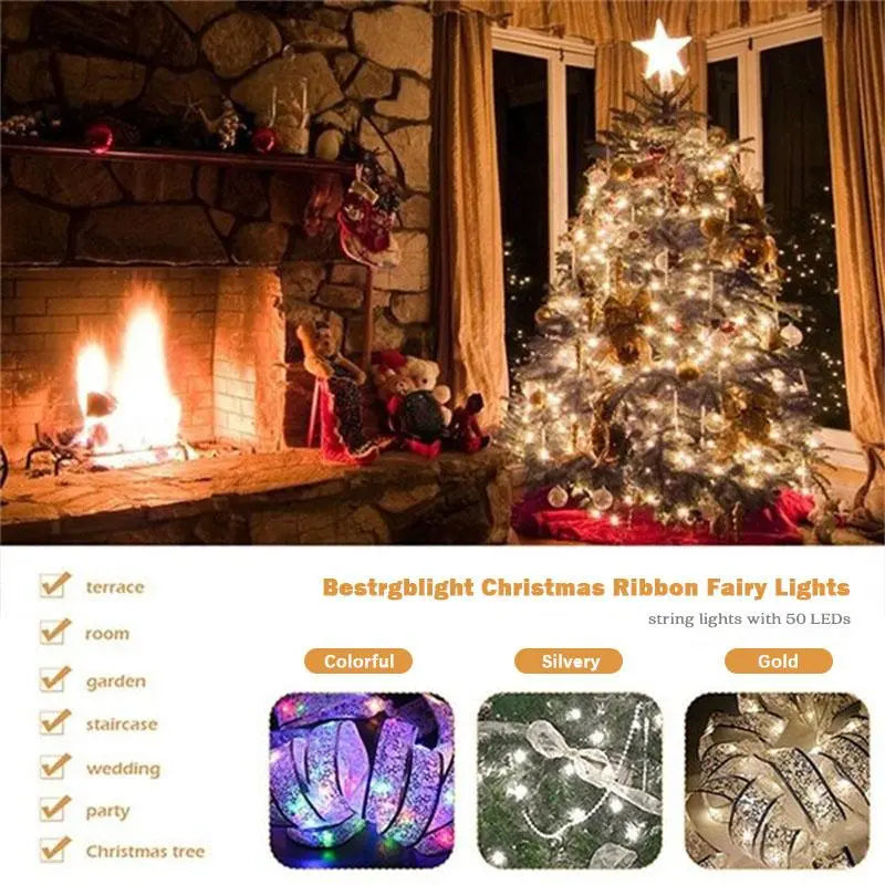 Kerstboom met lichtgevend lint in een sfeervol interieur