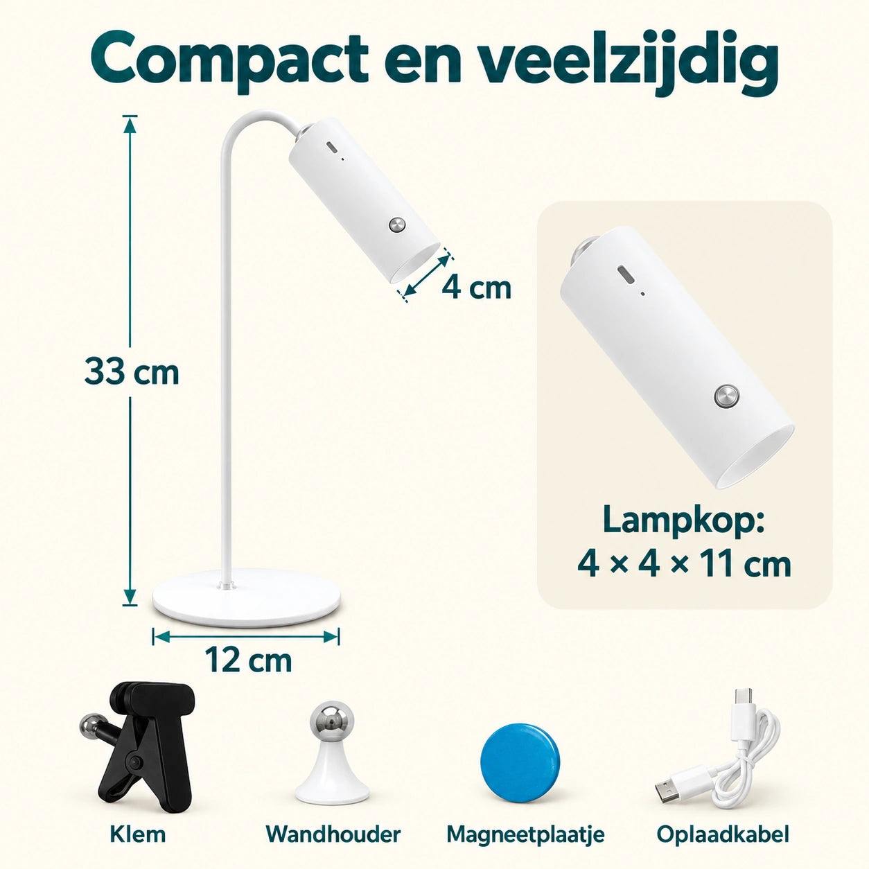 LumiTouch afmetingen: 33 cm hoog, voet 12 cm en lampkop 4 × 4 × 11 cm