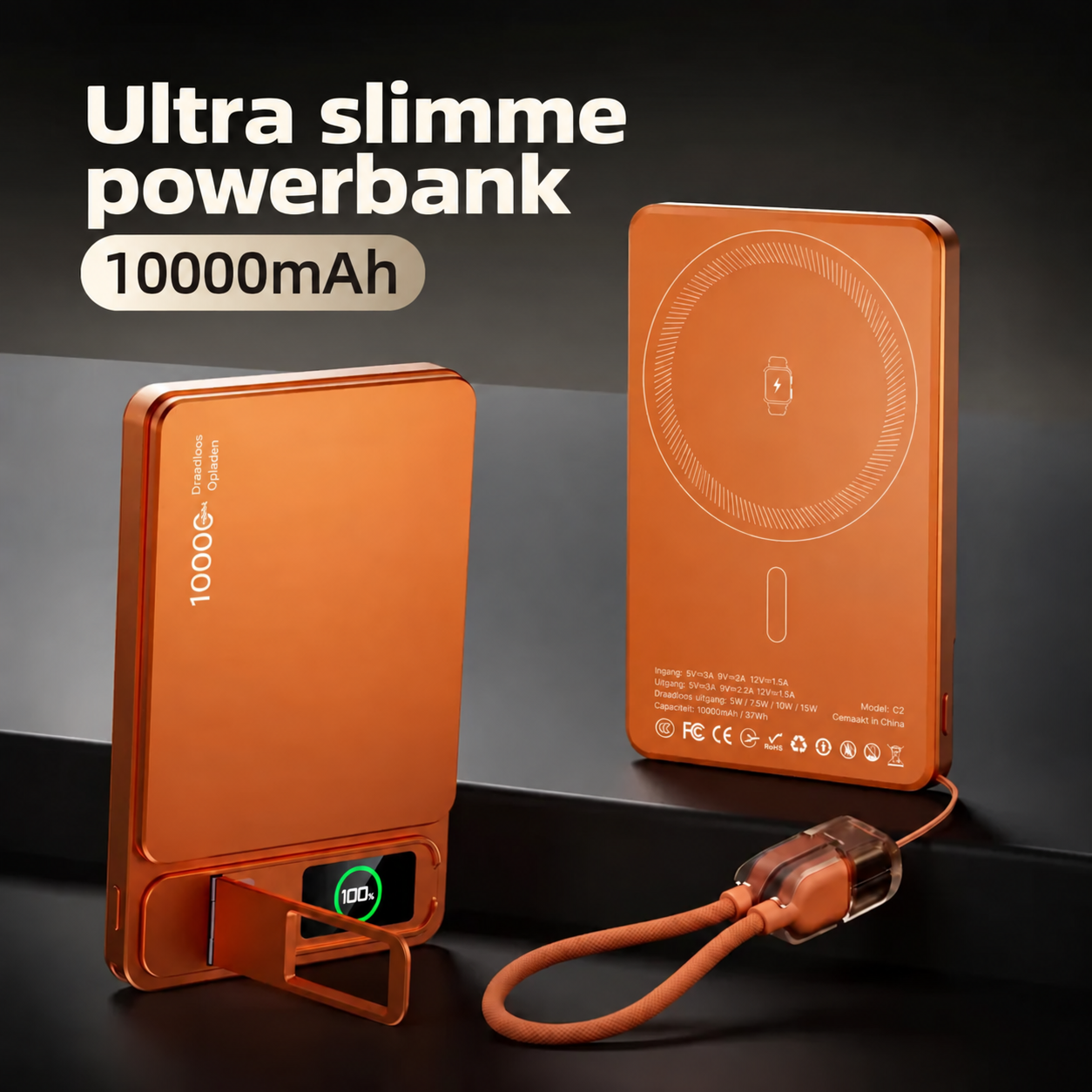 Magnevo ultra slimme powerbank 10000mAh in oranje