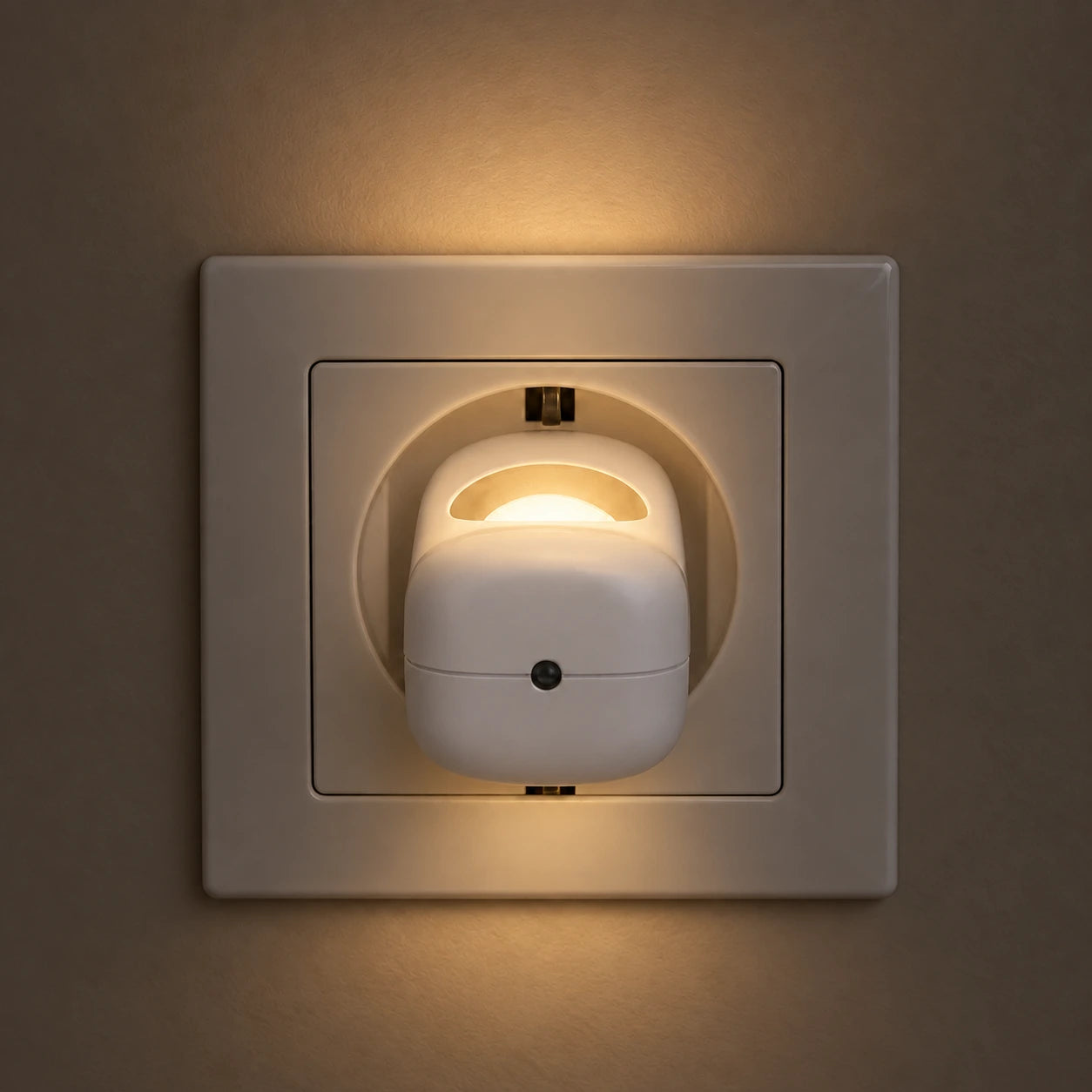 Afgerond NachtGloed-lampje met lichtsensor in een Europese wandcontactdoos