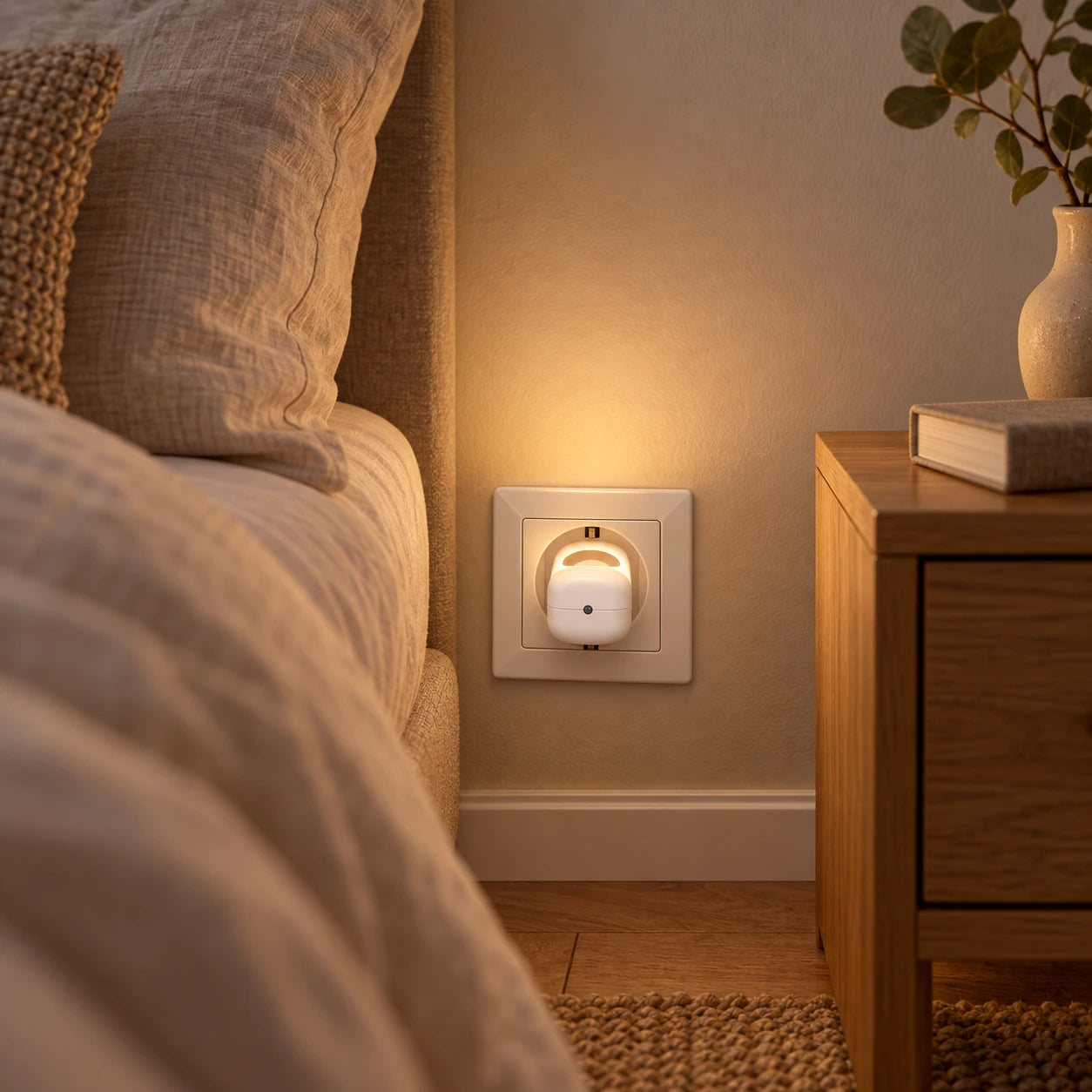 Sfeerbeeld van het afgeronde NachtGloed-lampje naast een bed en eiken nachtkastje, in een Europese wandcontactdoos