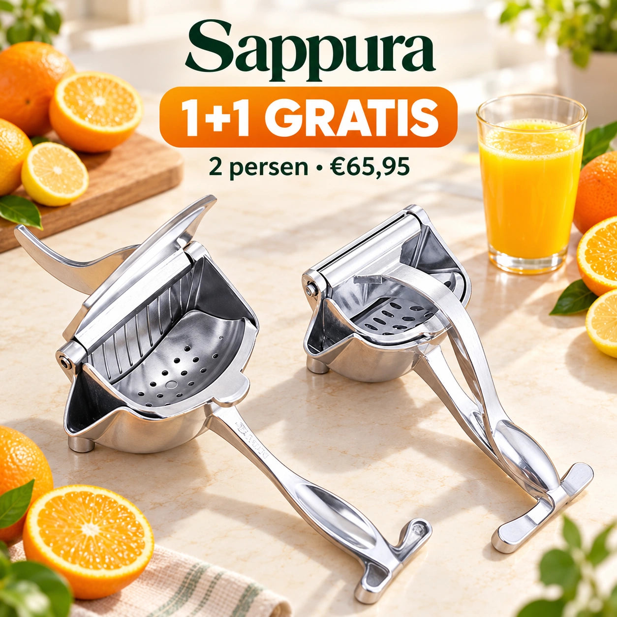 Twee zilverkleurige Sappura fruitpersen voor het 1+1-aanbod van €65,95
