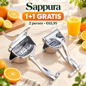 Twee zilverkleurige Sappura fruitpersen voor het 1+1-aanbod van €65,95