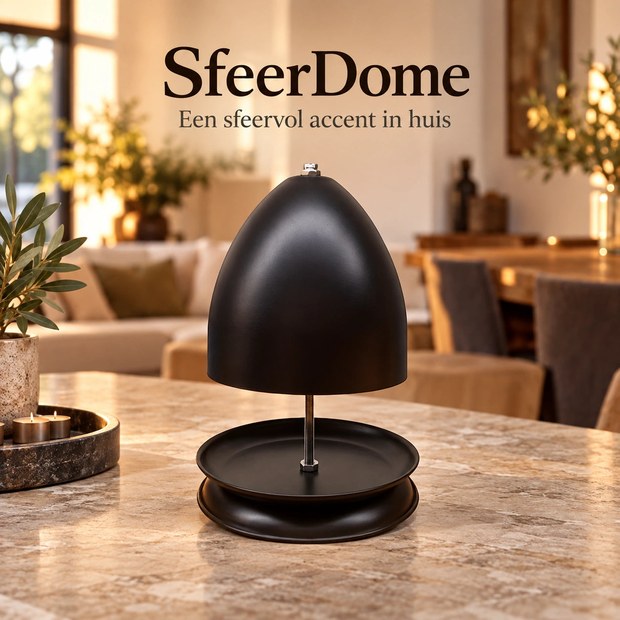 Zwarte SfeerDome theelichthouder op een stenen tafel