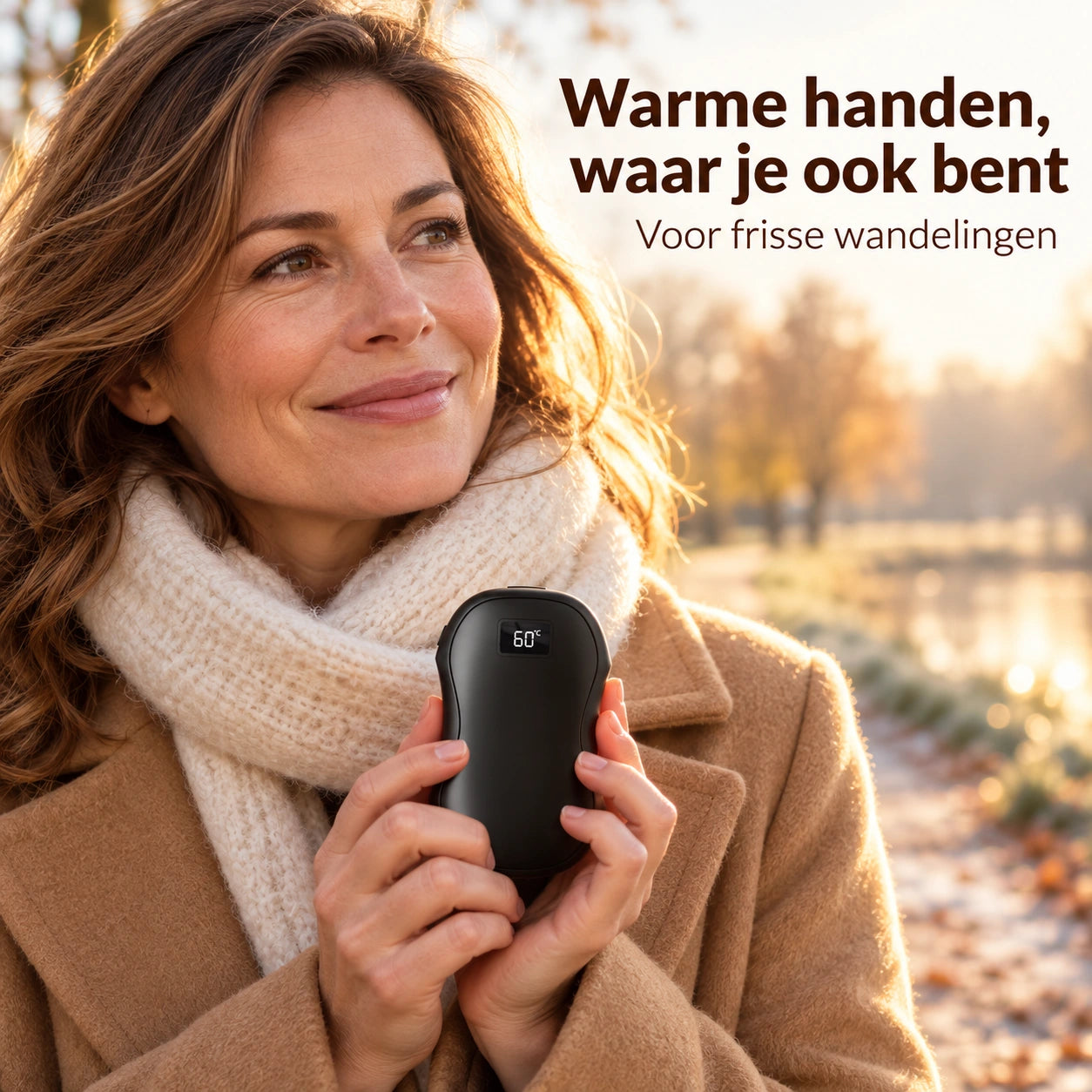 Vrouw houdt de zwarte WarmGrip handwarmer vast tijdens een frisse wandeling