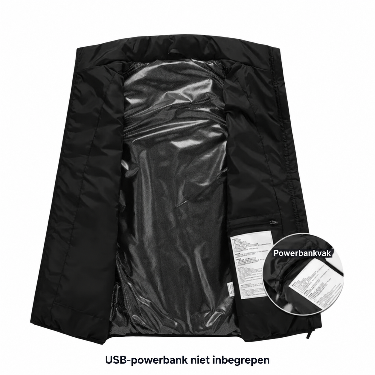 Binnenvoering en powerbankvak van de bodywarmer, met vermelding dat de USB-powerbank niet inbegrepen is