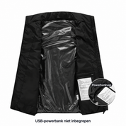 Binnenvoering en powerbankvak van de bodywarmer, met vermelding dat de USB-powerbank niet inbegrepen is