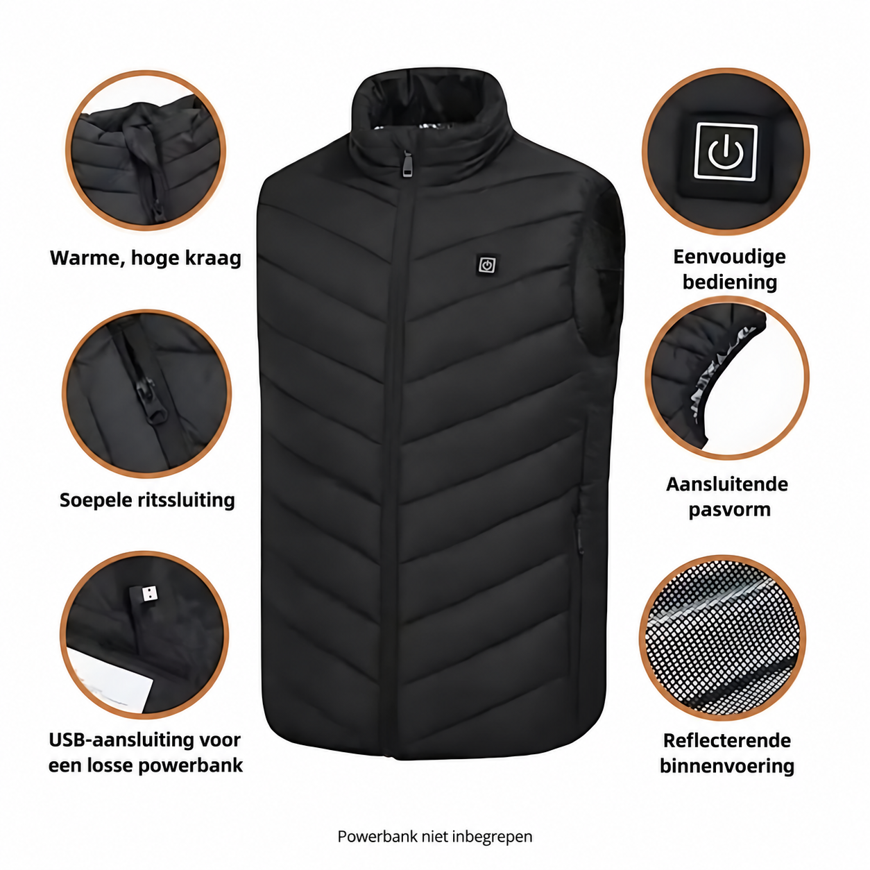 Details van de bodywarmer met Nederlandse uitleg: kraag, rits, USB-aansluiting, bediening, pasvorm en binnenvoering