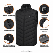 Details van de bodywarmer met Nederlandse uitleg: kraag, rits, USB-aansluiting, bediening, pasvorm en binnenvoering