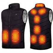 Voor- en achterkant van de zwarte bodywarmer met schematische weergave van de negen warmtezones