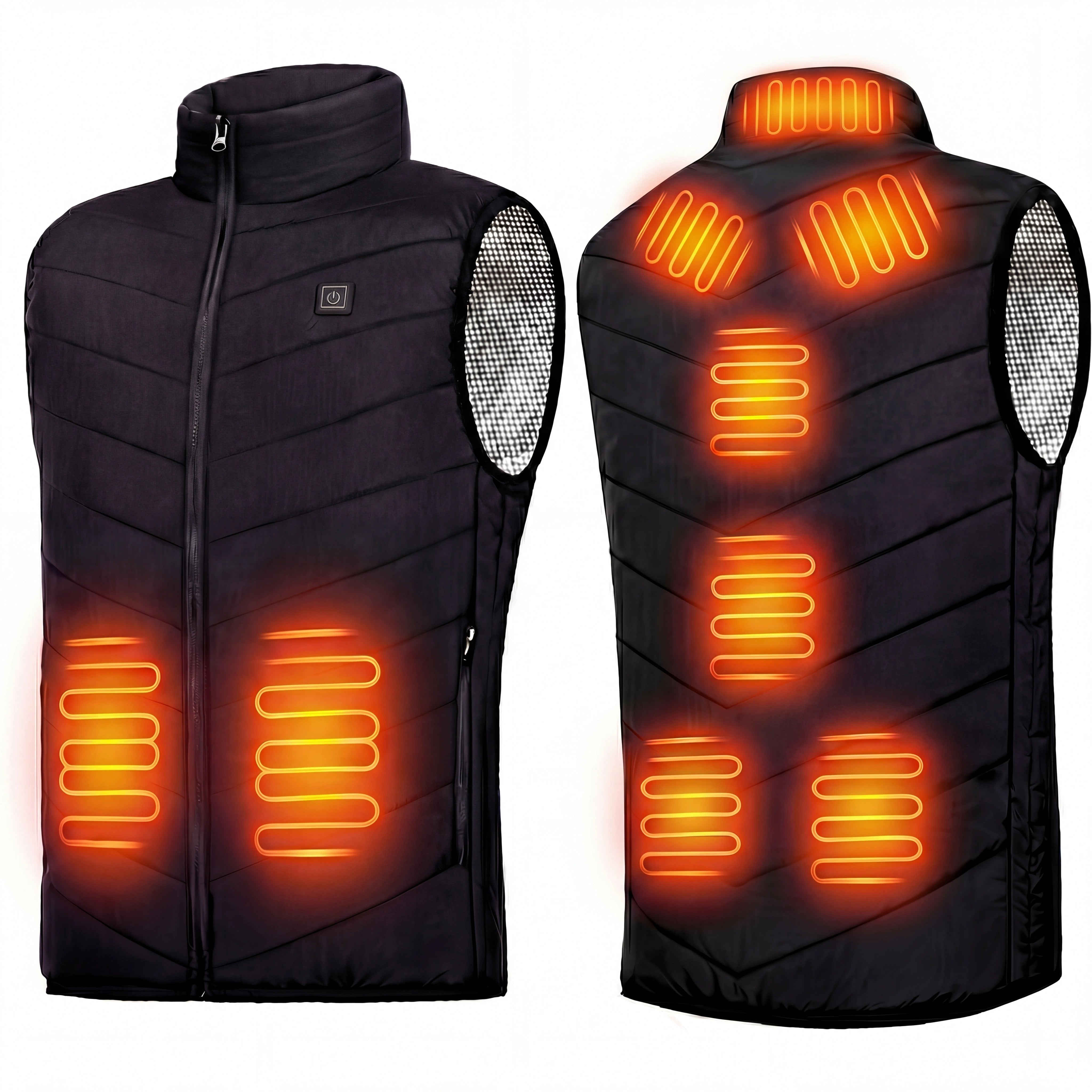 Voor- en achterkant van de zwarte bodywarmer met schematische weergave van de negen warmtezones
