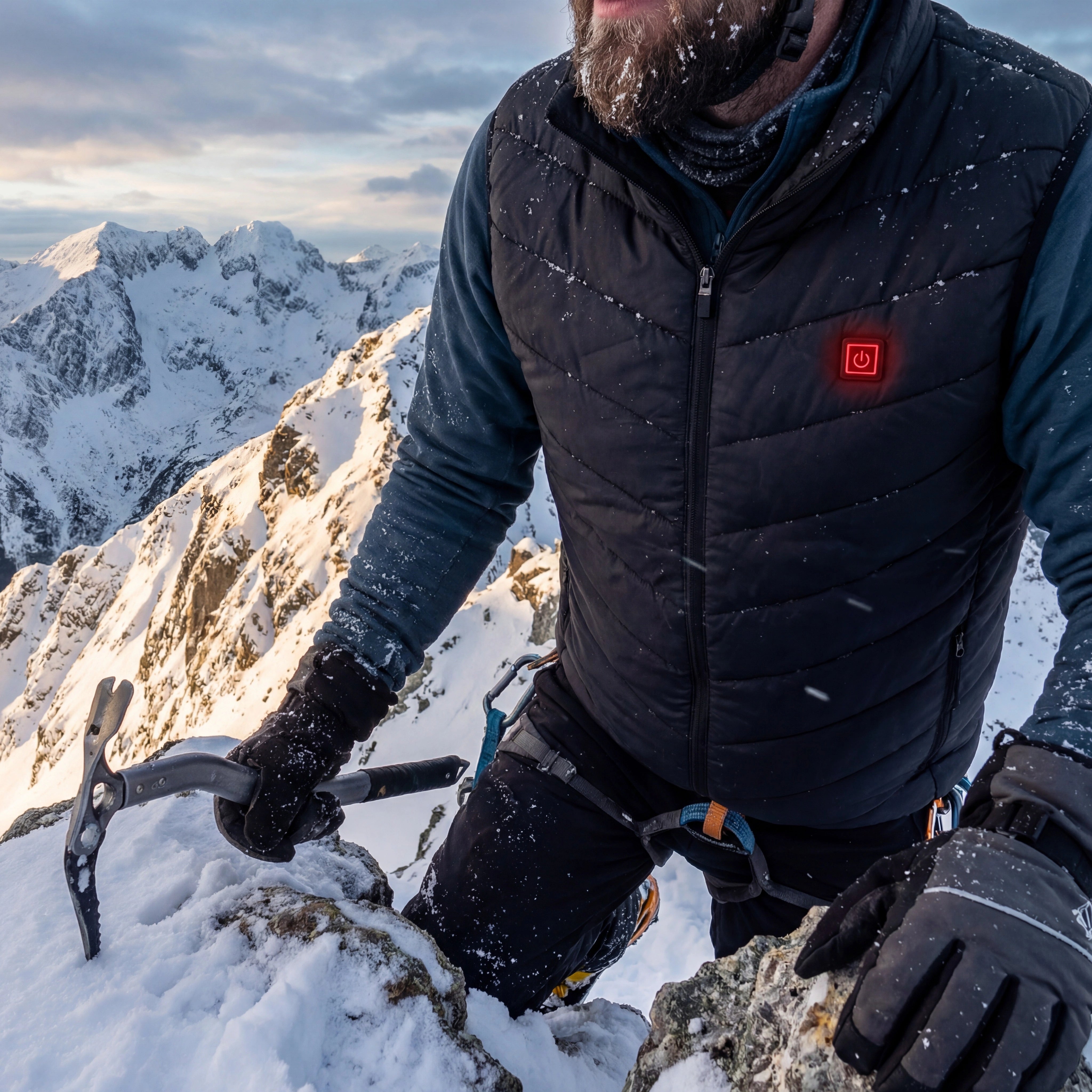Zwarte verwarmde bodywarmer gedragen in een winterse bergomgeving